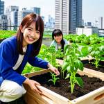 **

A vibrant rooftop garden in Tokyo. A 都市農業管理士 (Urban Agriculture Manager) smiles as they guide a group of city residents, young and old, in planting seedlings. Lush green vegetables and herbs fill raised beds, with the Tokyo skyline blurred in the background. The scene emphasizes community, learning, and the joy of urban farming. Consider a bright, slightly whimsical anime-inspired style.

**