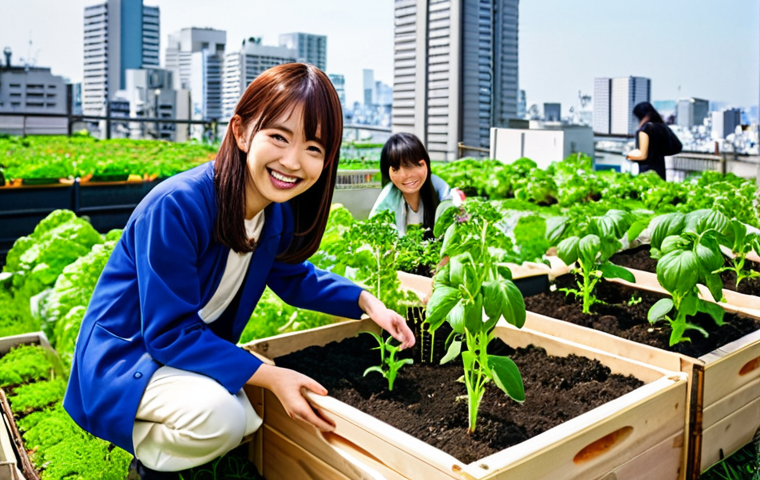 **

A vibrant rooftop garden in Tokyo. A 都市農業管理士 (Urban Agriculture Manager) smiles as they guide a group of city residents, young and old, in planting seedlings. Lush green vegetables and herbs fill raised beds, with the Tokyo skyline blurred in the background. The scene emphasizes community, learning, and the joy of urban farming. Consider a bright, slightly whimsical anime-inspired style.

**