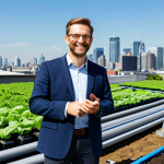 A professional Urban Agriculture Manager, in a modest business casual outfit, fully clothed, standing confidently on a vibrant urban rooftop farm. They are looking at flourishing green plants and modern smart farming equipment, with a sleek cityscape visible in the background under clear skies. The scene emphasizes sustainable food production and efficient urban planning. Perfect anatomy, correct proportions, natural pose, well-formed hands, proper finger count, natural body proportions, safe for work, appropriate content, professional dress, high-quality, ultra-realistic.