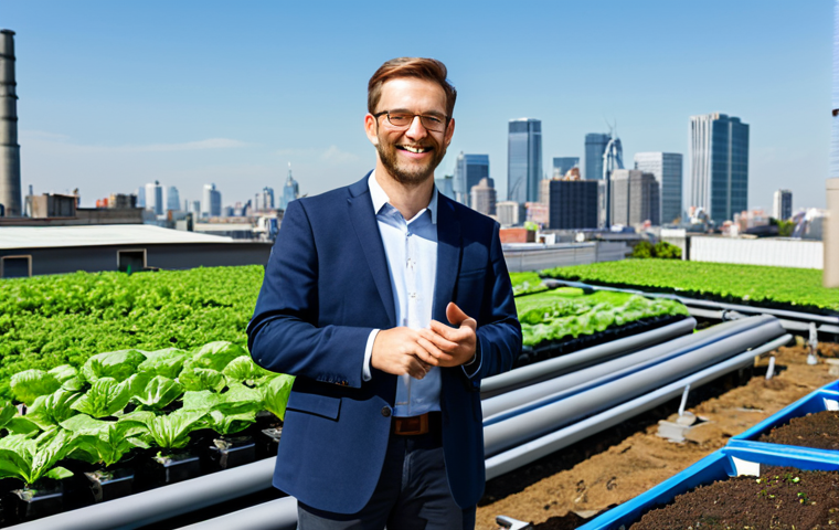 A professional Urban Agriculture Manager, in a modest business casual outfit, fully clothed, standing confidently on a vibrant urban rooftop farm. They are looking at flourishing green plants and modern smart farming equipment, with a sleek cityscape visible in the background under clear skies. The scene emphasizes sustainable food production and efficient urban planning. Perfect anatomy, correct proportions, natural pose, well-formed hands, proper finger count, natural body proportions, safe for work, appropriate content, professional dress, high-quality, ultra-realistic.