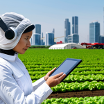 Smart Agriculture in the City**

"A professional urban farmer using a tablet to monitor crops in a futuristic, vertical farm setting within a bustling city. Drones are subtly visible in the background, surveying the fields. She is fully clothed in appropriate, modern farming attire, safe for work, appropriate content, professional, perfect anatomy, correct proportions, natural pose, well-formed hands, proper finger count, natural body proportions, high quality."

**