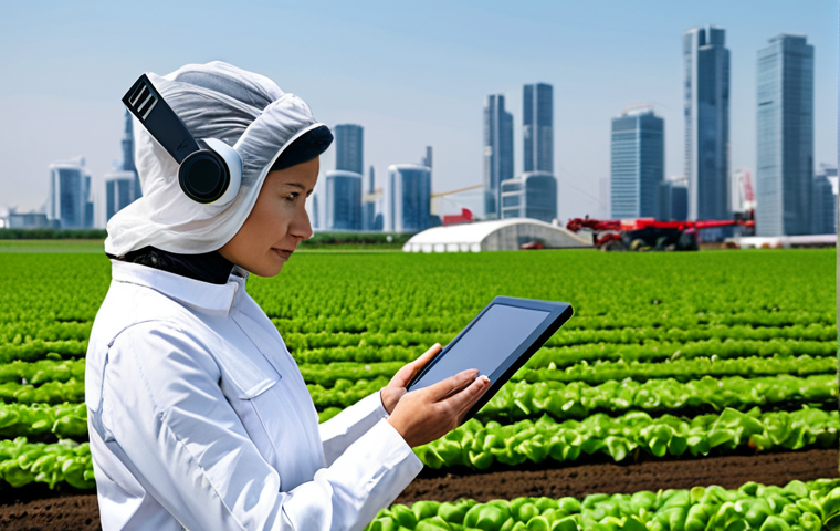 Smart Agriculture in the City**

"A professional urban farmer using a tablet to monitor crops in a futuristic, vertical farm setting within a bustling city. Drones are subtly visible in the background, surveying the fields. She is fully clothed in appropriate, modern farming attire, safe for work, appropriate content, professional, perfect anatomy, correct proportions, natural pose, well-formed hands, proper finger count, natural body proportions, high quality."

**