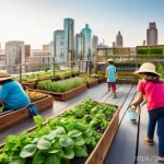 도시농업관리사 시험 출제 경향 - **Vibrant Community Rooftop Garden in a Bustling City**
    A wide-angle, realistic photograph captu...