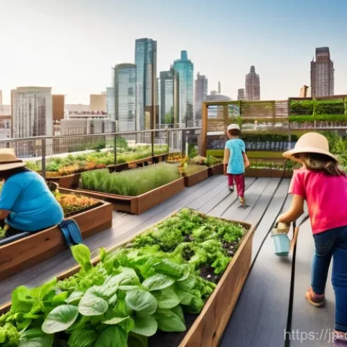 도시농업관리사 시험 출제 경향 - **Vibrant Community Rooftop Garden in a Bustling City**
    A wide-angle, realistic photograph captu...