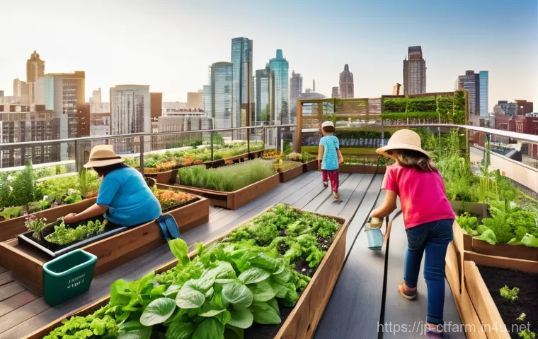 도시농업관리사 시험 출제 경향 - **Vibrant Community Rooftop Garden in a Bustling City**
    A wide-angle, realistic photograph captu...