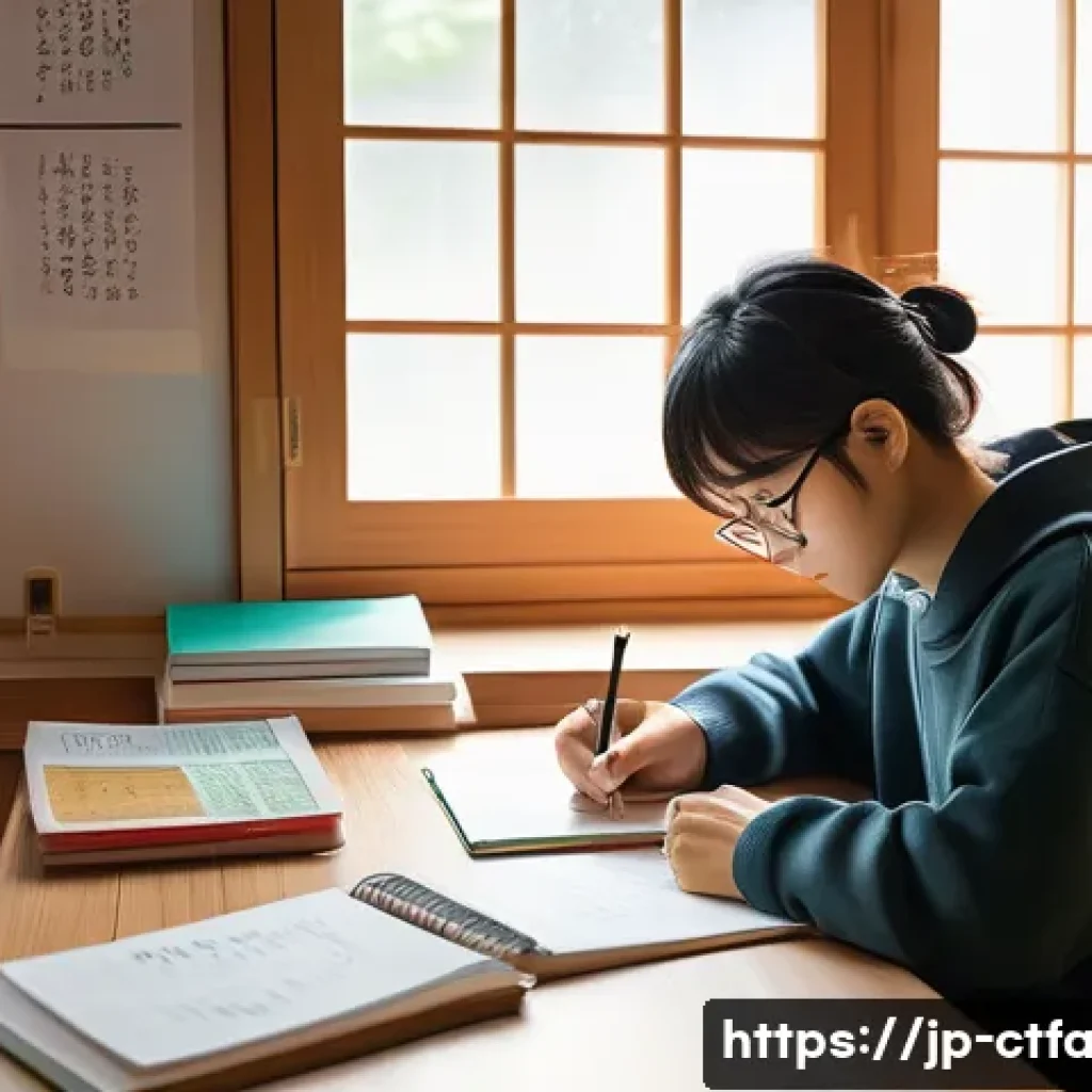 도시농업관리사 시험 탈락 사례와 극복법 - A focused Japanese student studying at a neat desk, surrounded by textbooks and notes with colorful ...