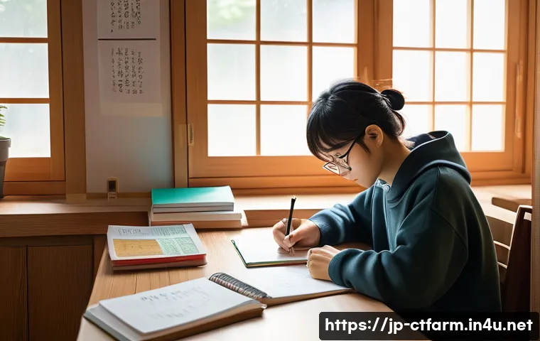 도시농업관리사 시험 탈락 사례와 극복법 - A focused Japanese student studying at a neat desk, surrounded by textbooks and notes with colorful ...