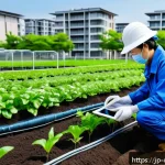 도시농업관리사 업무 관련 법률 - A modern urban farm scene in Japan featuring a small vegetable garden surrounded by residential buil...