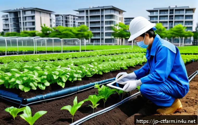 도시농업관리사 업무 관련 법률 - A modern urban farm scene in Japan featuring a small vegetable garden surrounded by residential buil...