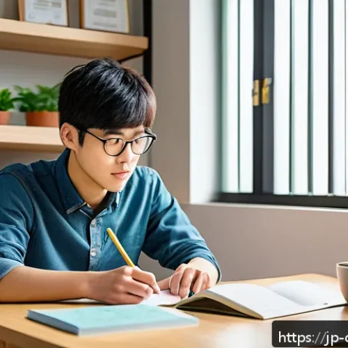 도시농업관리사 시험 준비 꿀팁 - A focused Japanese student studying urban agriculture management at a tidy desk in a modern home env...