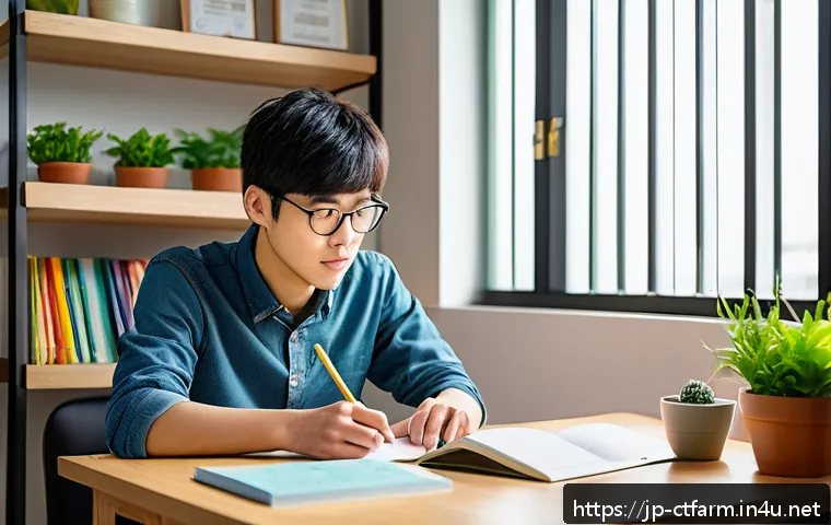 도시농업관리사 시험 준비 꿀팁 - A focused Japanese student studying urban agriculture management at a tidy desk in a modern home env...