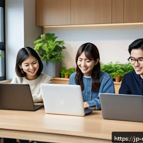 도시농업관리사 자격증 공부 커뮤니티 - A modern, cozy study room with a small group of young Japanese adults gathered around a table, engag...
