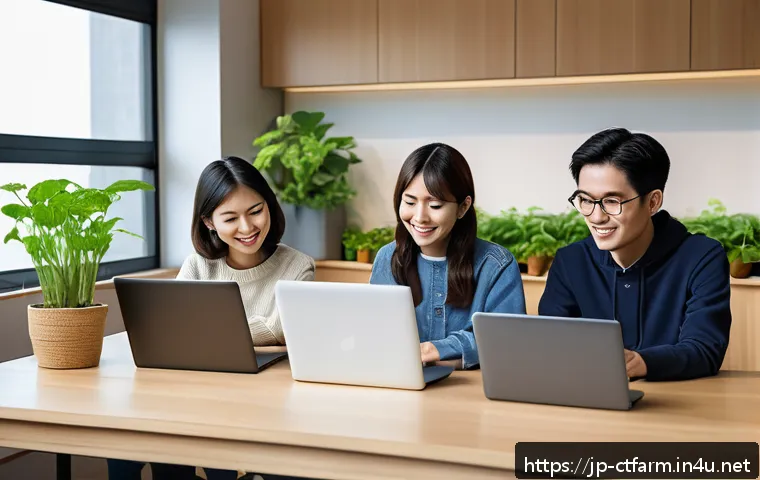 도시농업관리사 자격증 공부 커뮤니티 - A modern, cozy study room with a small group of young Japanese adults gathered around a table, engag...