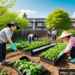 도시농업관리사로서의 봉사활동 방법 - A vibrant urban community garden scene in a Japanese city park during spring, showing diverse genera...