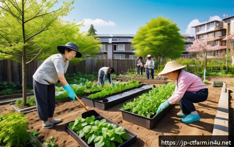 도시농업관리사로서의 봉사활동 방법 - A vibrant urban community garden scene in a Japanese city park during spring, showing diverse genera...