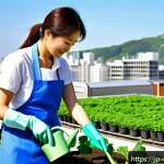 도시농업관리사로서의 자기 브랜드 구축 - A vibrant urban rooftop farm in Tokyo during spring, featuring diverse vegetable patches with lush g...