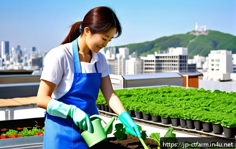 도시농업관리사로서의 자기 브랜드 구축 - A vibrant urban rooftop farm in Tokyo during spring, featuring diverse vegetable patches with lush g...