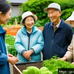 도시농업관리사로서의 네트워킹 방법 - A warm, inviting urban farm scene during a community event in Japan, showing diverse local residents...