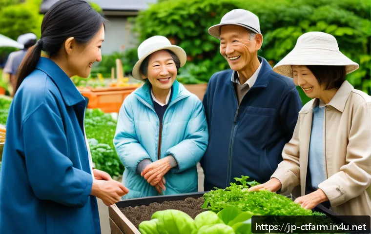도시농업관리사로서의 네트워킹 방법 - A warm, inviting urban farm scene during a community event in Japan, showing diverse local residents...