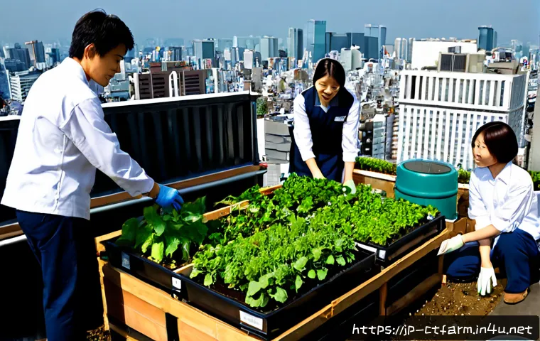 도시농업관리사 관련 국가 정책 - Photorealistic Japanese urban agriculture training scene on a sunny rooftop garden, a certified-look...